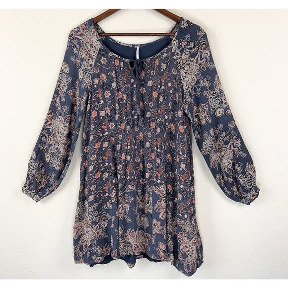 Free People Boho Romantic S Floral Mini Dress Blue Peasant Cottagecore Flowy - Picture 2 of 8